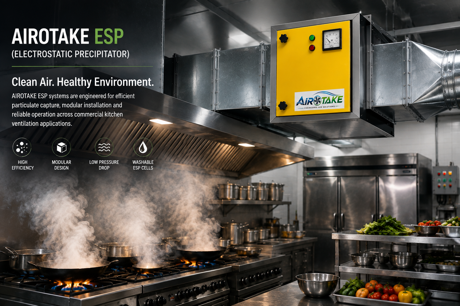 Commercial kitchen with smoke and grease extraction in an HVAC environment
