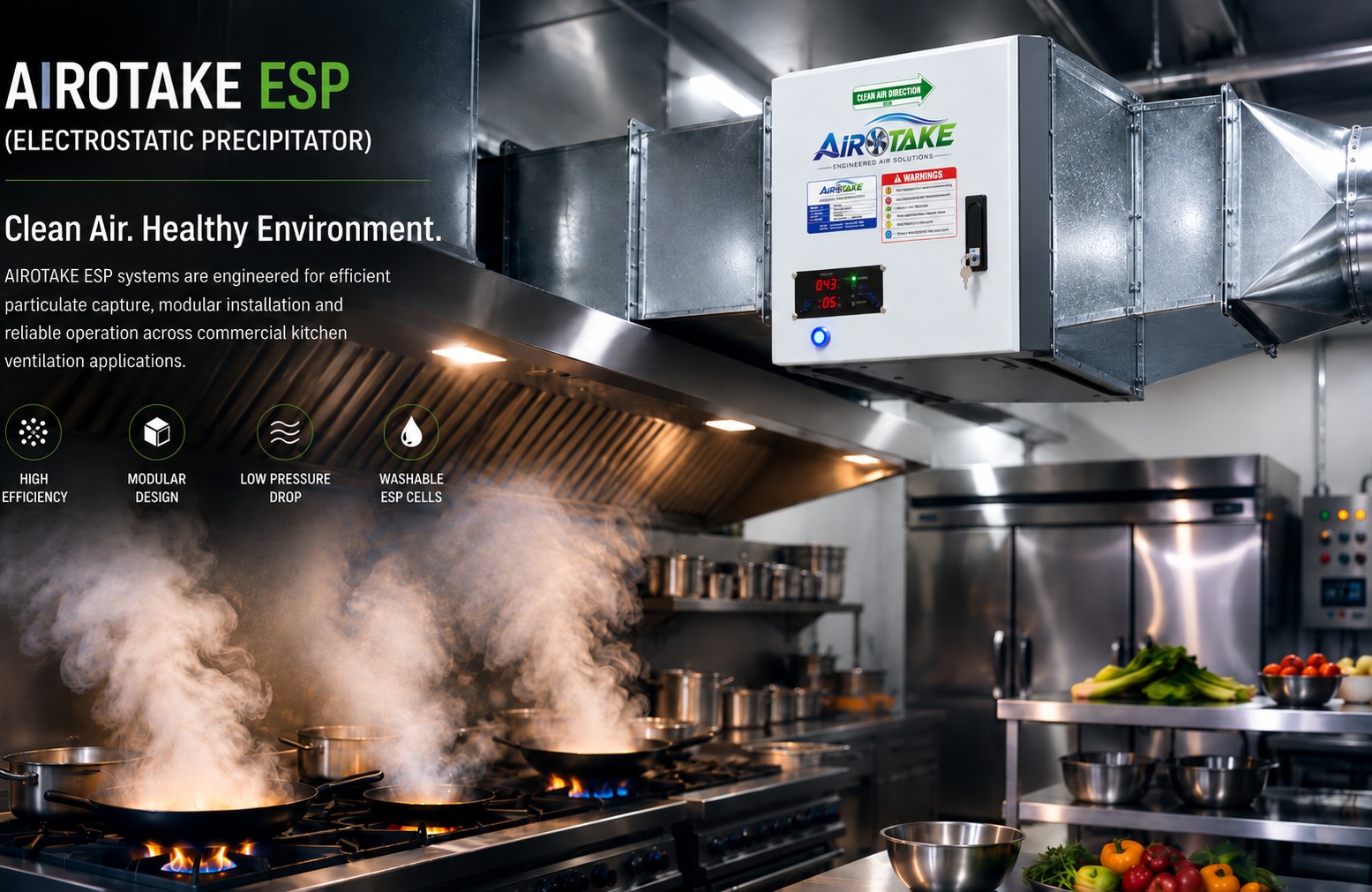 Commercial kitchen with smoke and grease extraction in an HVAC environment