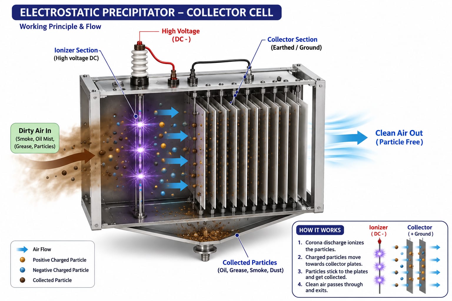 ESP collector cell working method diagram showing particle charging and collection